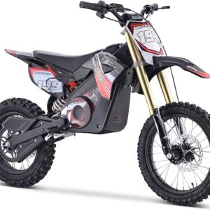 alt="MotoTec 60V Pro Electric Dirt Bike navigating a dirt trail, showcasing its powerful design and off-road capabilities."