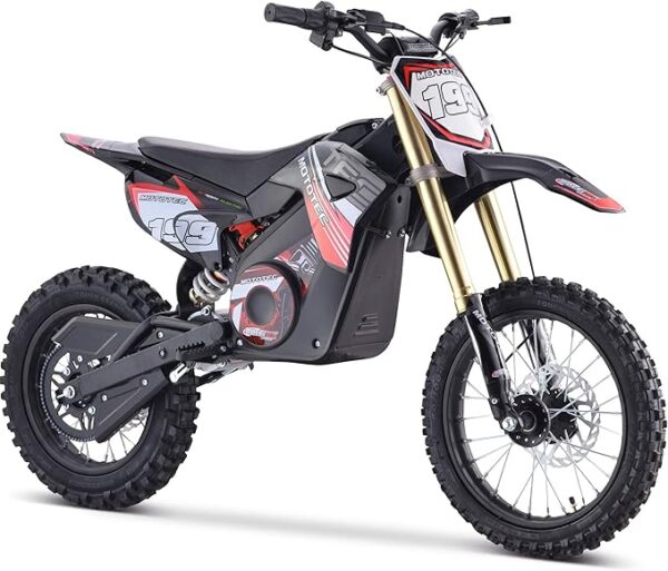 alt="MotoTec 60V Pro Electric Dirt Bike navigating a dirt trail, showcasing its powerful design and off-road capabilities."