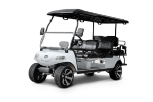 **Alt Image Description for Carrier 6 Plus Golf Cart**: "Carrier 6 Plus Golf Cart parked on a scenic golf course, showcasing its spacious design that accommodates up to six passengers. The electric cart features a sleek body, ample cargo space for golf clubs and gear, highlighting its versatility and eco-friendly transportation capabilities."