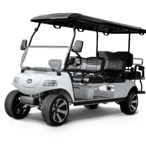 **Alt Image Description for Carrier 6 Plus Golf Cart**: "Carrier 6 Plus Golf Cart parked on a scenic golf course, showcasing its spacious design that accommodates up to six passengers. The electric cart features a sleek body, ample cargo space for golf clubs and gear, highlighting its versatility and eco-friendly transportation capabilities."