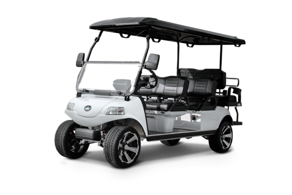 **Alt Image Description for Carrier 6 Plus Golf Cart**: "Carrier 6 Plus Golf Cart parked on a scenic golf course, showcasing its spacious design that accommodates up to six passengers. The electric cart features a sleek body, ample cargo space for golf clubs and gear, highlighting its versatility and eco-friendly transportation capabilities."